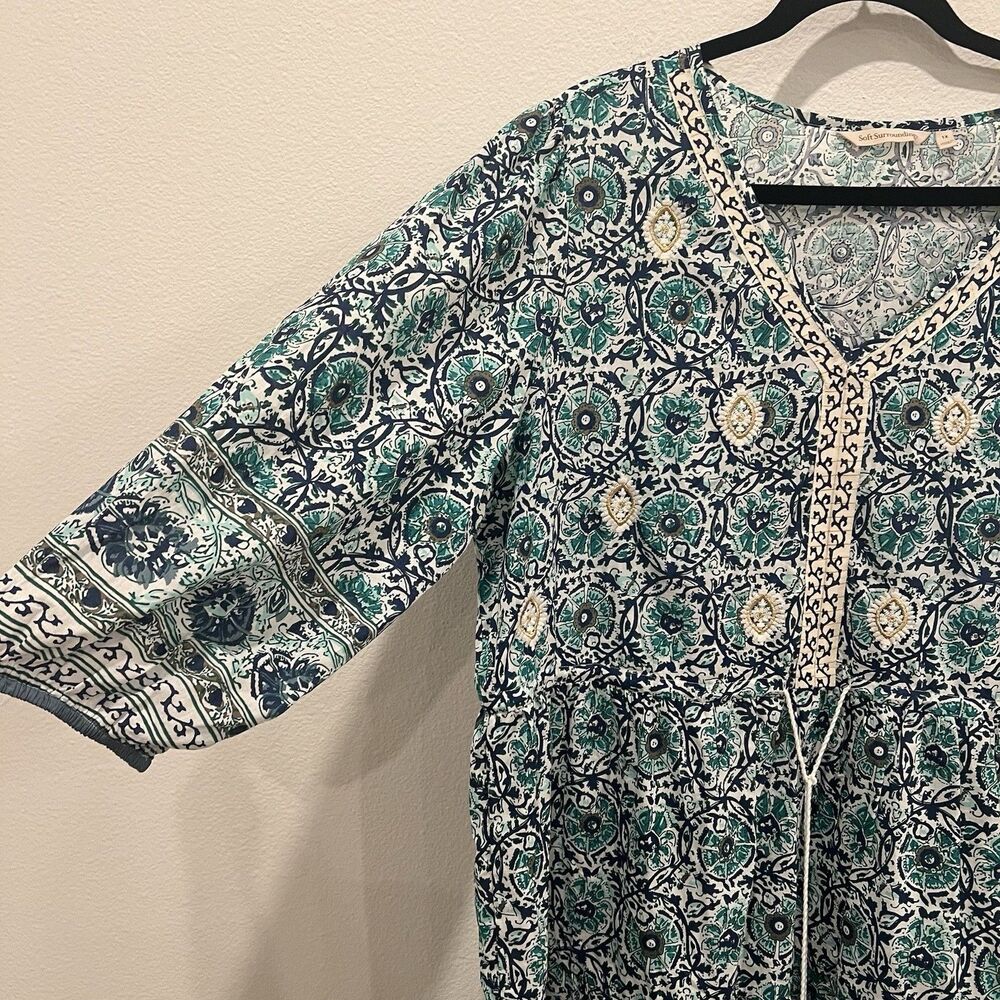 Soft Surroundings Nerissa Dress Sz XL Embroidered Blue Print Beach Boho Party - Picture 4 of 9